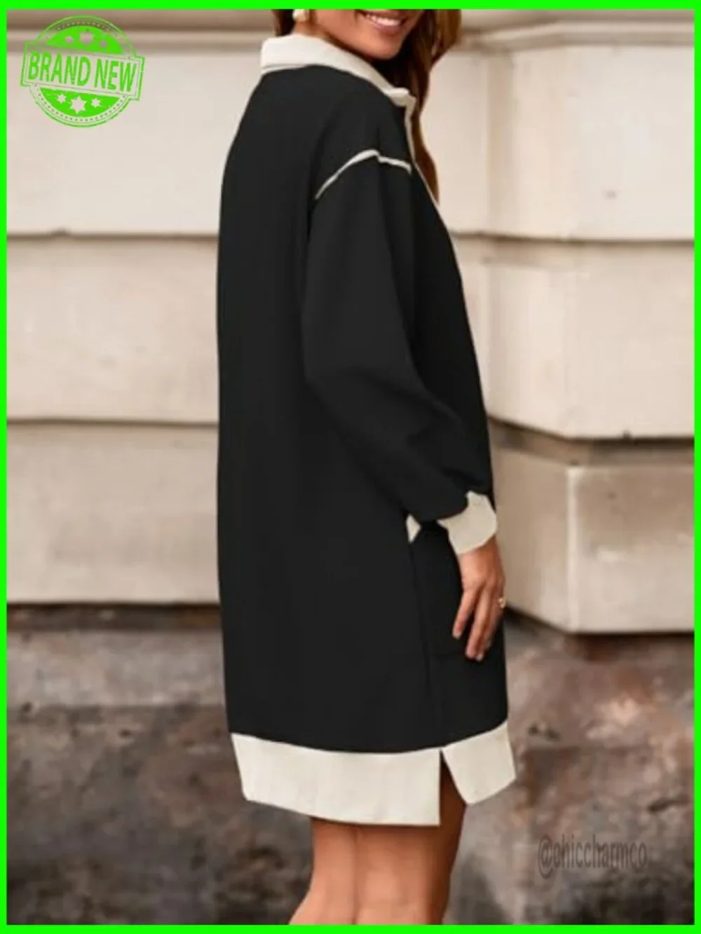 Oversized Half Zip Sweatshirt Dress Long Sleeve Mini Dress with Pockets - Picture 4 of 7